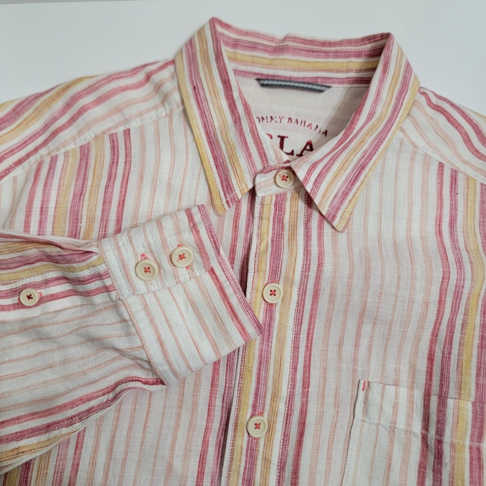 Tommy Bahama Relax Shirt Mens Medium Pink Yellow Striped 100% Linen Costal